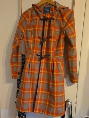 ModCloth Orange and Yellow Plaid Hooded Toggle Coat
